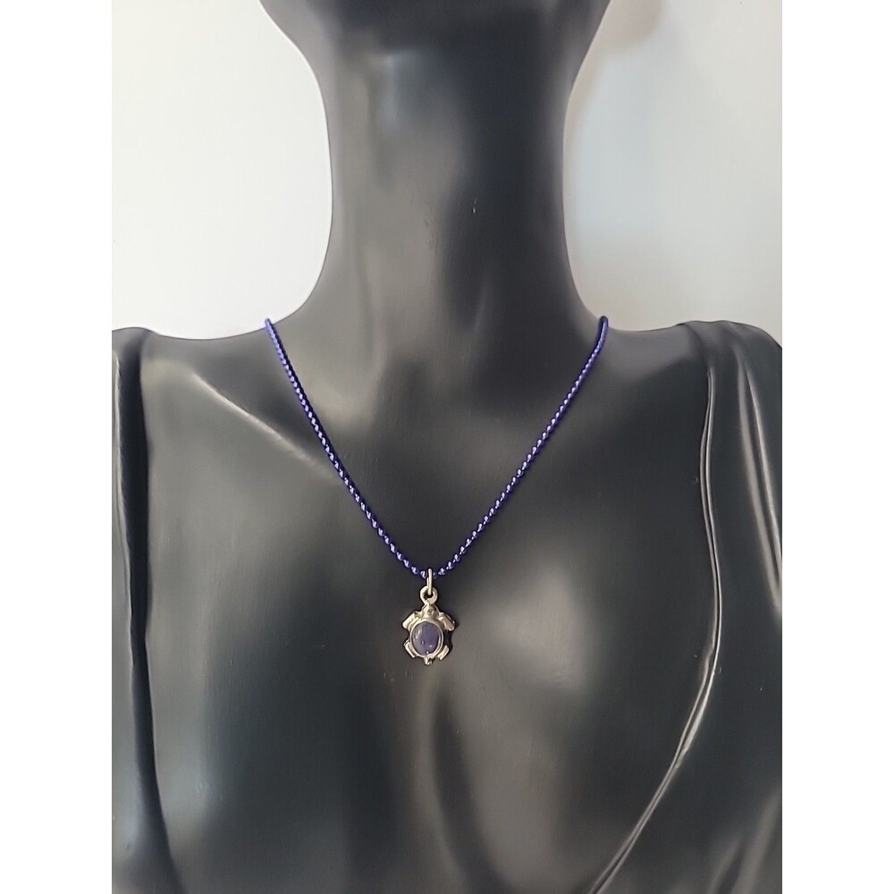 Vintage Purple Turtle Pendant Silver Tone Necklace Purple Ball Chain Animal